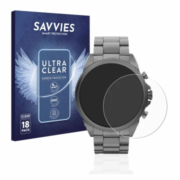 Face avant d’un emballage produit avec le logo de la marque Savvies. À côté, l’appareil Fossil Gen 6 (44mm) est représenté ave