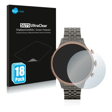 Face avant d’un emballage produit avec le logo de la marque Savvies. À côté, l’appareil Fossil Gen 6 (42mm) est représenté ave