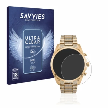 Face avant d’un emballage produit avec le logo de la marque Savvies. À côté, l’appareil Michael Kors Access Gen 6 Bradshaw est