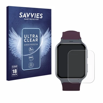 Face avant d’un emballage produit avec le logo de la marque Savvies. À côté, l’appareil TCL Safety Watch MT43AX est représenté