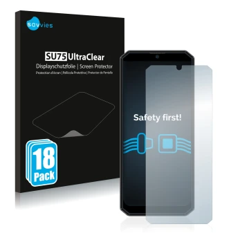Face avant d’un emballage produit avec le logo de la marque Savvies. À côté, l’appareil Oukitel K15 Plus est représenté avec l
