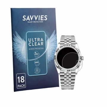 Face avant d’un emballage produit avec le logo de la marque Savvies. À côté, l’appareil Rolex Datejust 36 est représenté avec 