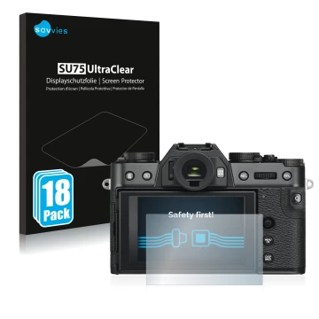 Face avant d’un emballage produit avec le logo de la marque Savvies. À côté, l’appareil Fujifilm X-T30 ll est représenté avec 