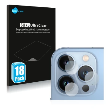 Face avant d’un emballage produit avec le logo de la marque Savvies. À côté, l’appareil Apple iPhone 13 Pro (Caméra UNIQUEMENT