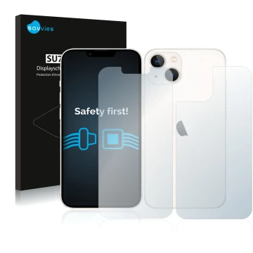 Face avant d’un emballage produit avec le logo de la marque Savvies. À côté, l’appareil Apple iPhone 13 (Avant+Arrière) est re