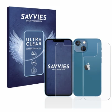 Face avant d’un emballage produit avec le logo de la marque Savvies. À côté, l’appareil Apple iPhone 13 mini (Avant+Arrière) e