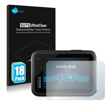 Face avant d’un emballage produit avec le logo de la marque Savvies. À côté, l’appareil GoPro Hero 10 Black est représenté ave