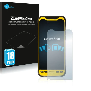 Face avant d’un emballage produit avec le logo de la marque Savvies. À côté, l’appareil Trimble TDC600 est représenté avec la 