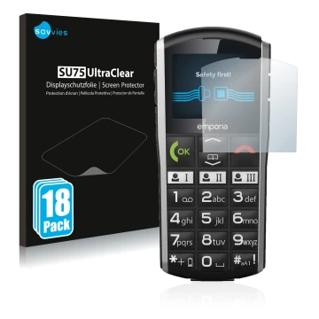 Face avant d’un emballage produit avec le logo de la marque Savvies. À côté, l’appareil Emporia Simplicity est représenté avec