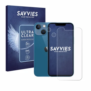 Face avant d’un emballage produit avec le logo de la marque Savvies. À côté, l’appareil Apple iPhone 13 mini (Avant+Caméra) es