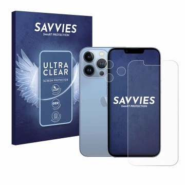 Face avant d’un emballage produit avec le logo de la marque Savvies. À côté, l’appareil Apple iPhone 13 Pro (Avant+Caméra) est