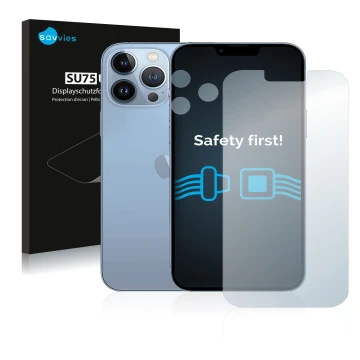 Face avant d’un emballage produit avec le logo de la marque Savvies. À côté, l’appareil Apple iPhone 13 Pro Max (Avant+Caméra)