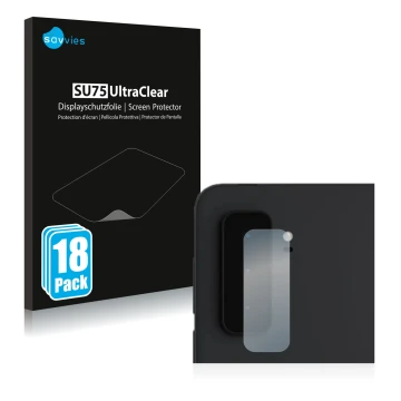 Face avant d’un emballage produit avec le logo de la marque Savvies. À côté, l’appareil Microsoft Surface Duo 2 (Caméra UNIQUE