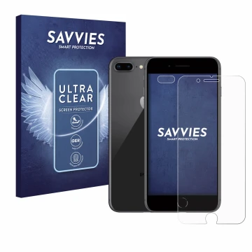 Face avant d’un emballage produit avec le logo de la marque Savvies. À côté, l’appareil Apple iPhone 8 Plus (Avant+Caméra) est