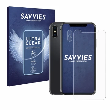 Face avant d’un emballage produit avec le logo de la marque Savvies. À côté, l’appareil Apple iPhone X (Avant+Caméra) est repr