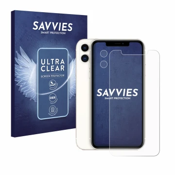 Face avant d’un emballage produit avec le logo de la marque Savvies. À côté, l’appareil Apple iPhone 11 (Avant+Caméra) est rep