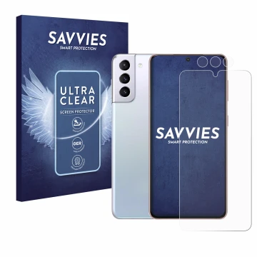 Face avant d’un emballage produit avec le logo de la marque Savvies. À côté, l’appareil Samsung Galaxy S21 (Avant+Caméra) est 