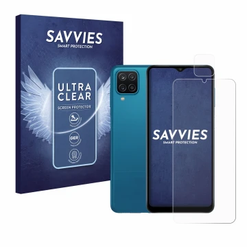 Face avant d’un emballage produit avec le logo de la marque Savvies. À côté, l’appareil Samsung Galaxy A12 (Avant+Caméra) est 