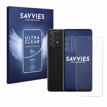 Face avant d’un emballage produit avec le logo de la marque Savvies. À côté, l’appareil Samsung Galaxy A52 (Avant+Caméra) est 