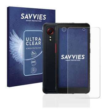 Face avant d’un emballage produit avec le logo de la marque Savvies. À côté, l’appareil Samsung Galaxy XCover 5 (Avant+Caméra)