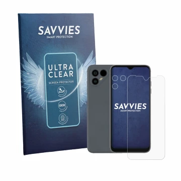 Face avant d’un emballage produit avec le logo de la marque Savvies. À côté, l’appareil Fairphone 4 (Avant+Caméra) est représe
