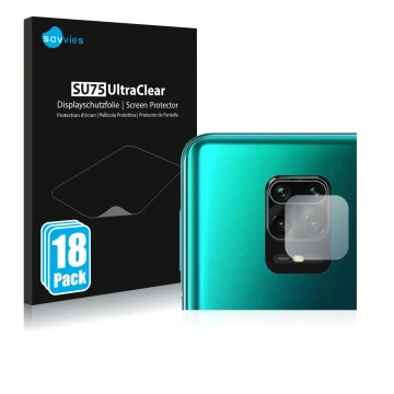 Face avant d’un emballage produit avec le logo de la marque Savvies. À côté, l’appareil Xiaomi Redmi Note 10 Lite (Caméra UNIQ