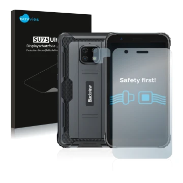 Face avant d’un emballage produit avec le logo de la marque Savvies. À côté, l’appareil Blackview BV4900S (Avant+Caméra) est r