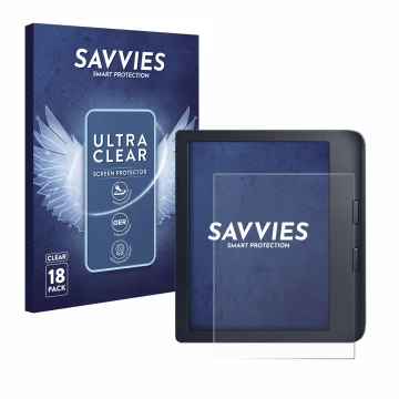 Face avant d’un emballage produit avec le logo de la marque Savvies. À côté, l’appareil Kobo Libra 2 est représenté avec la pr