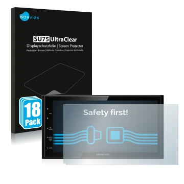 Face avant d’un emballage produit avec le logo de la marque Savvies. À côté, l’appareil Kenwood DMX5020DABS est représenté ave