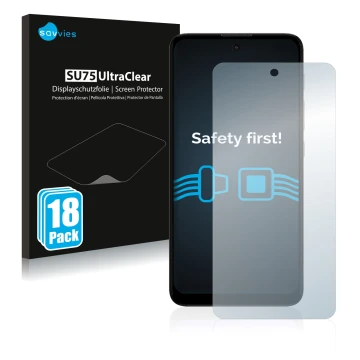 Face avant d’un emballage produit avec le logo de la marque Savvies. À côté, l’appareil Motorola Moto E40 est représenté avec 