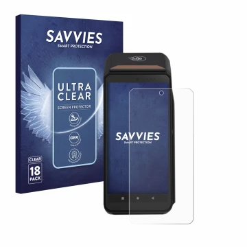 Face avant d’un emballage produit avec le logo de la marque Savvies. À côté, l’appareil ingenico Axium DX8000 est représenté a