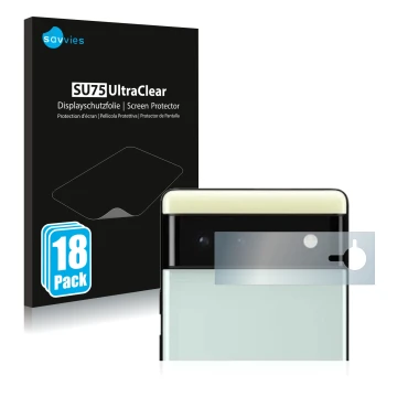 Face avant d’un emballage produit avec le logo de la marque Savvies. À côté, l’appareil Google Pixel 6 (Caméra UNIQUEMENT) est