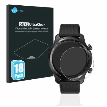 Face avant d’un emballage produit avec le logo de la marque Savvies. À côté, l’appareil Mobvoi Ticwatch Pro 3 Ultra GPS est re