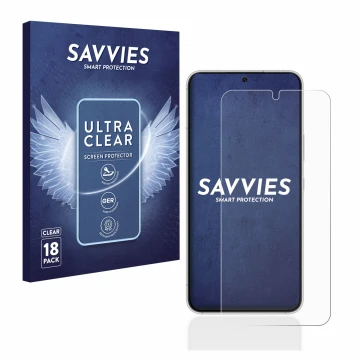 Face avant d’un emballage produit avec le logo de la marque Savvies. À côté, l’appareil Samsung Galaxy S22 5G est représenté a