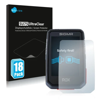 Face avant d’un emballage produit avec le logo de la marque Savvies. À côté, l’appareil Sigma ROX 2.0 est représenté avec la p