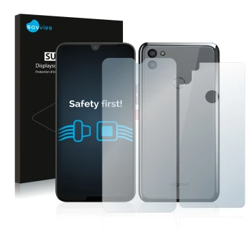 Face avant d’un emballage produit avec le logo de la marque Savvies. À côté, l’appareil Gigaset GS5 (Avant+Arrière) est représ