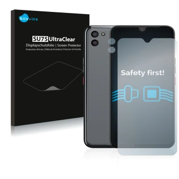 Face avant d’un emballage produit avec le logo de la marque Savvies. À côté, l’appareil Gigaset GS5 (Avant+Caméra) est représe