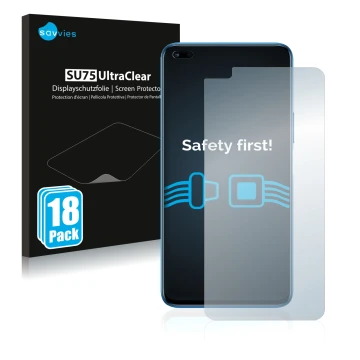 Face avant d’un emballage produit avec le logo de la marque Savvies. À côté, l’appareil Honor 50 Lite est représenté avec la p