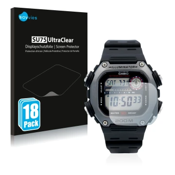 Face avant d’un emballage produit avec le logo de la marque Savvies. À côté, l’appareil Casio DW-291H est représenté avec la p