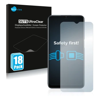 Face avant d’un emballage produit avec le logo de la marque Savvies. À côté, l’appareil Oppo A54s est représenté avec la prote