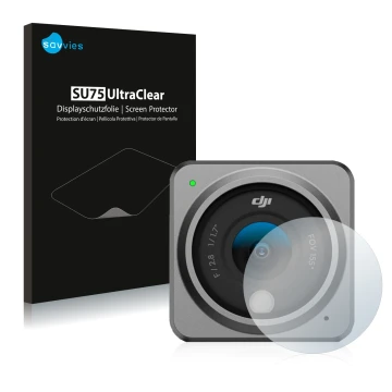 Face avant d’un emballage produit avec le logo de la marque Savvies. À côté, l’appareil DJI Action 2 Lentille (Caisse) est rep