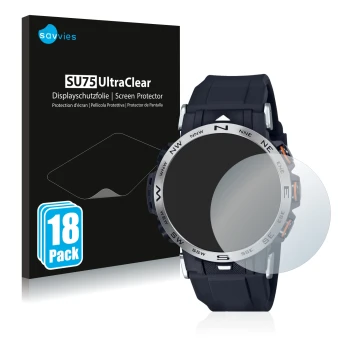 Face avant d’un emballage produit avec le logo de la marque Savvies. À côté, l’appareil Casio Pro Trek PRW-30-1AER est représe