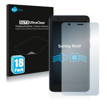 Face avant d’un emballage produit avec le logo de la marque Savvies. À côté, l’appareil ZTE Blade L9 est représenté avec la pr