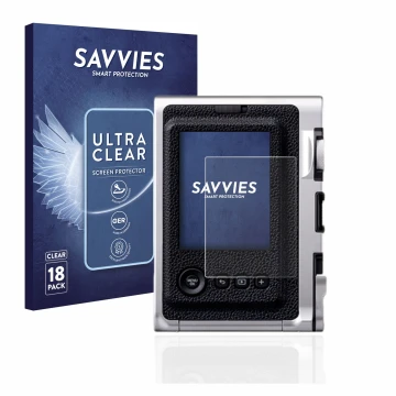 Face avant d’un emballage produit avec le logo de la marque Savvies. À côté, l’appareil Fujifilm Instax Mini Evo est représent