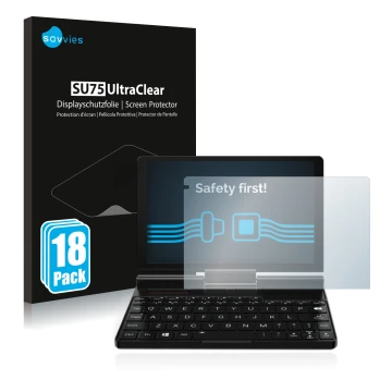 Face avant d’un emballage produit avec le logo de la marque Savvies. À côté, l’appareil GPD Pocket 3 est représenté avec la pr