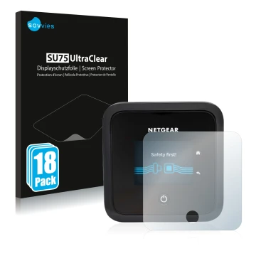 Face avant d’un emballage produit avec le logo de la marque Savvies. À côté, l’appareil Netgear Nighthawk M5 est représenté av