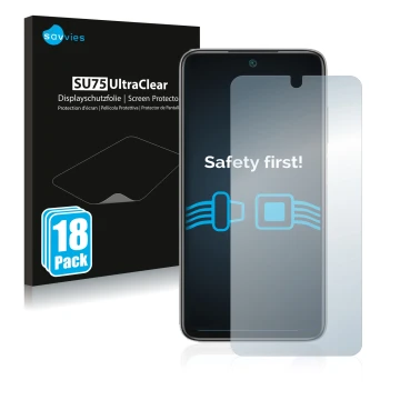 Face avant d’un emballage produit avec le logo de la marque Savvies. À côté, l’appareil Xiaomi Redmi Note 11 4G est représenté