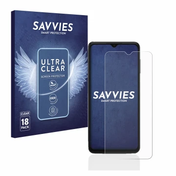 Face avant d’un emballage produit avec le logo de la marque Savvies. À côté, l’appareil Samsung Galaxy A13 5G est représenté a