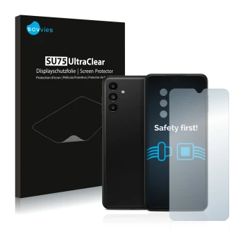 Face avant d’un emballage produit avec le logo de la marque Savvies. À côté, l’appareil Samsung Galaxy A13 5G (Avant+Caméra) e