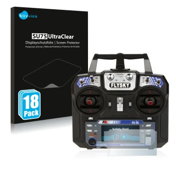 Face avant d’un emballage produit avec le logo de la marque Savvies. À côté, l’appareil FlySky FS-i6 est représenté avec la pr